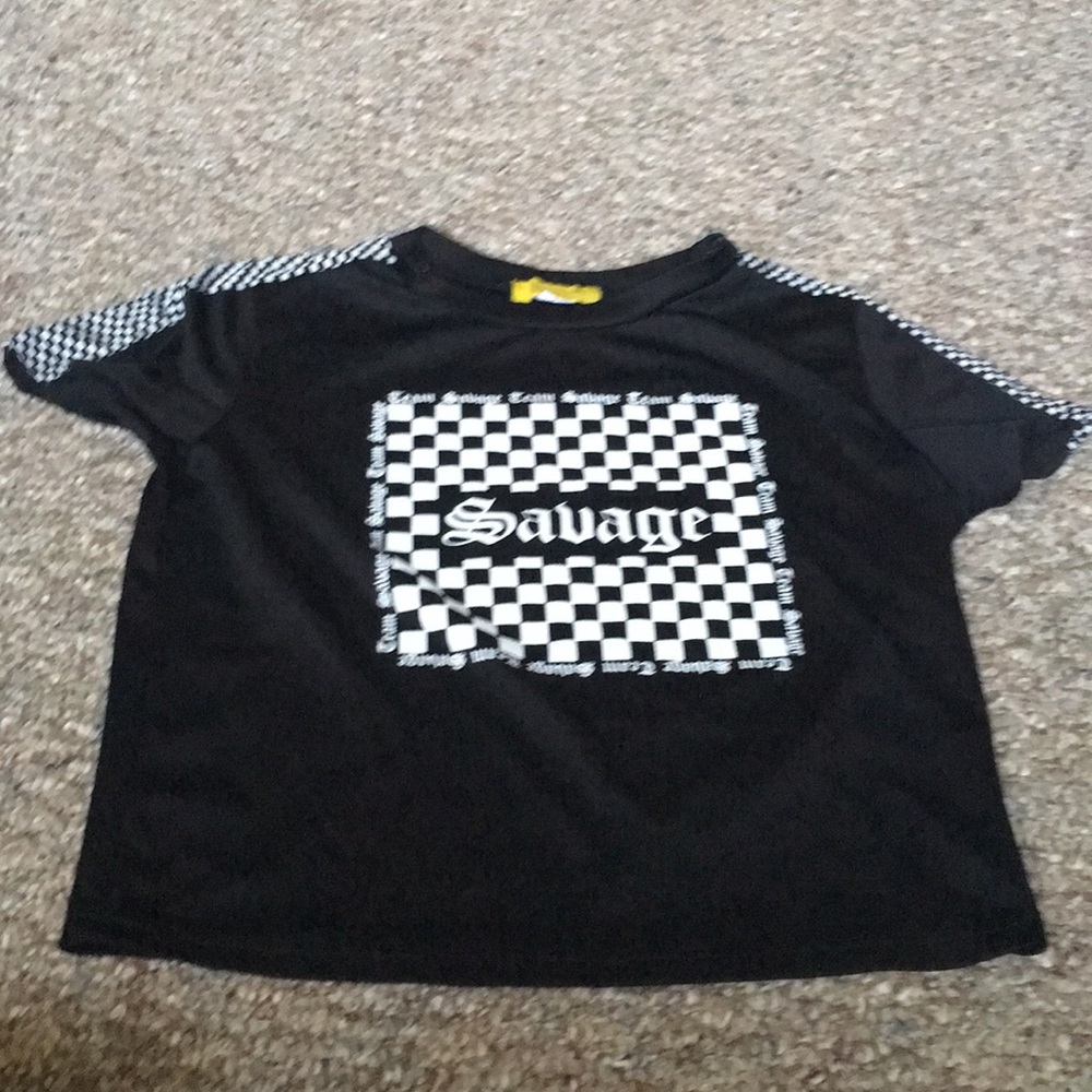 A black and white Checkered shorts sleeve shirt